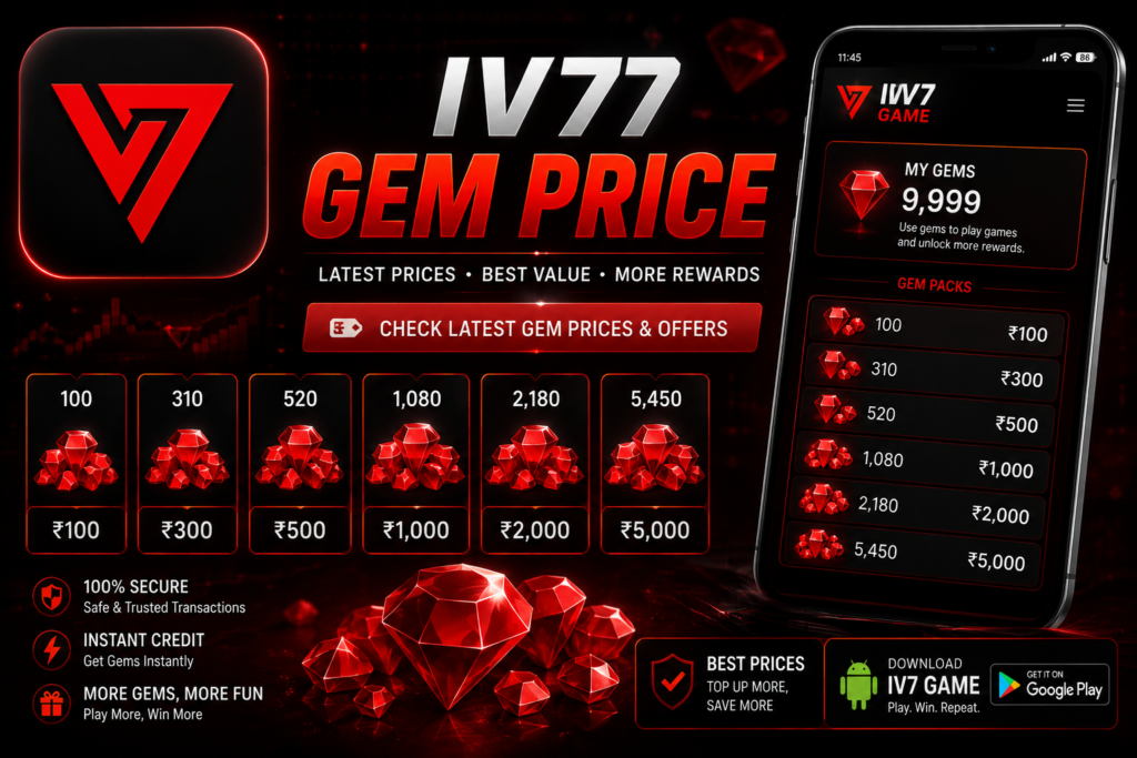 IV7 Gem Price guide with official IV7 logo, latest gem price information, Android interface, and platform features